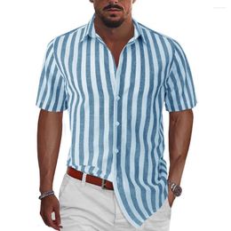 Men's Casual Shirts Shirt Fashion Stripes Beach Short Sleeve Tees Summer Men Turn-down Collar Button Blouse Clothing