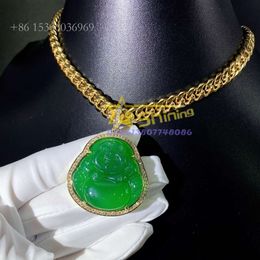 Cuban Link Chain Vvs1 Moissanite Diamond Green Jade Gold Plated Buddha Pendant Necklace