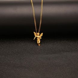 NEW Hip Hop Jewellery Angel Pendant Necklace Stainless Gold Plated With 60cm Chain For Men Nice Lover Gift Rapper Accessories Je1977