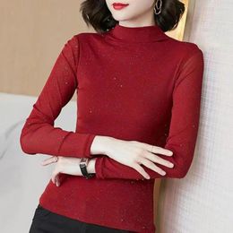 Women's Blouses Solid Color Long Sleeves Top Mock Turtleneck Base Layer Shirt For Autumn Winter Slim Fit Ladies