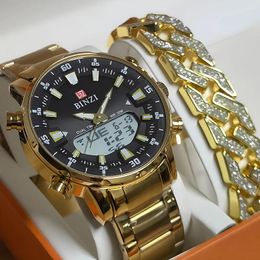 Wristwatches Men Watches Set Gold Dual Display Sports With Golden Bracelet Top Relogio Masculino Fashion Dropship