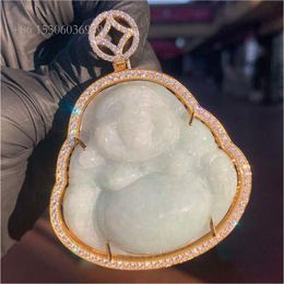 Custom Designs Chinese Style Real Gold With Lab Grown HPHT Diamond Bling Jade Pendant For Mans Hiphop Jewelry