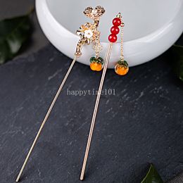 Chinese Style Persimmon Tassel Hair Stick For Women Metal Glaze Hair Fork Fruit Pendant Chopsticks Hairpin Hair Accessories