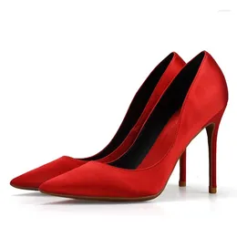 Dress Shoes Women Pumps Thin Heel Female Pointed Toe High Heels Silk Ladies Party Slip On Black Plus Size H0019