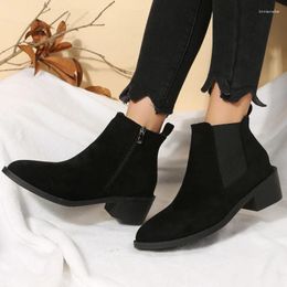 Boots Autumn Winter Flocked Women's Short With Fleece Pointed Non Slip Square Heel Black Casual Size 36-43 Ankle