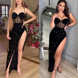 Sexy Glitter Black Sequined Prom Dresses Side High Split Spaghetti Long Special Occasion Dress For Women Girls 2024 Sweetheart Neckline Illusion Evening Gown