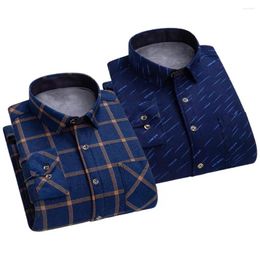 Men's Casual Shirts Men Fleece Thermal Shirt Colour Matching Plaid Print Cardigan With Turn-down Collar Long Sleeve For Fall
