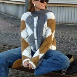 Women's Knits Boho Inspired DIAMOND KNIT CARDIGAN Buttons Long Sleeve Sweater Women Autumn Winter Coat Casual Knitted