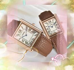 Couple Stainless Steel Genuine Leather Watch Quartz Movement Clock Square Roman Tank Dial Women Men Ultra Thin Rose Gold Silver Case Bracelet Wristwatches Gifts