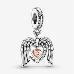 100% 925 Sterling Silver Angel Wings & Heart Dangle Charms Fit Original European Charm Bracelet Fashion Women Wedding Engagement J3109