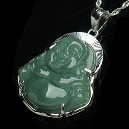 925 Pure Silver-encrusted Jade Buddha Pendant Natural A Goods Myanmar Oil Emerald Male Necklaces Women 287j