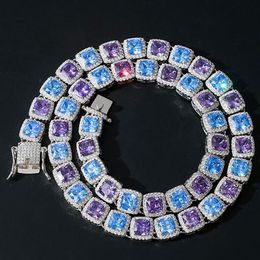 14K White Gold Plated 10mm Square Cut Blue &Purple Ruby Diamond Tennis Chain Necklace CZ Gemstone Diamond Hip Hop Jewelry1960