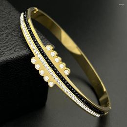 Bangle Ladies Men's Jewellery 4mm Width Itanlia Stretch Charm Bracelet Fashion Zircon Black And White Stainless Steel