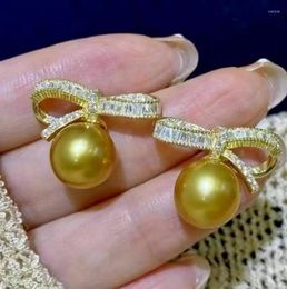 Stud Earrings Gorgeous 11-10mm Natural South China Sea Round Gold Pearl 925S