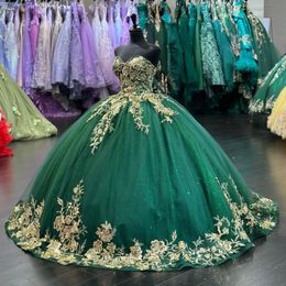 Green Sequins 2024 Quinceanera Dresses Sweetheart Ball Gown Princess Birthday Gown Gold Applique Lace Sweet 16 vestidos de 15