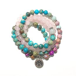 SN1530 New Design Women's 108 Mala Yoga Bracelet Pink Crystal Natural Jasper Mala Beads Bracelet Lotus Energy Yoga Jewelry237G