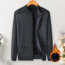 Men's Sweaters Comfortable Velvet Jacket Mid-aged Thick Knitted Cardigan Coat With Pockets Warm Winter For Fall Single-breasted