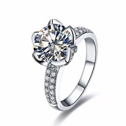 Real Solid 925 Sterling Silver Wedding Rings For Women Romantic Flower Shaped Inlay 3 Carat Diamond Engagement Ring2665