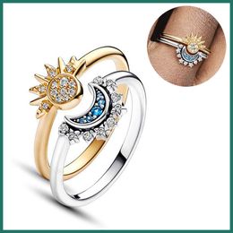 Pan's New Sun Moon Combination Two tone Ring with Stackable Personalised Sparkling Women's Ring and Couple Gift Jewellery