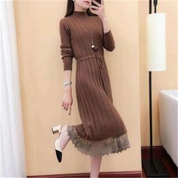 Work Dresses Women Long Sleeve Sweater Dress Women's Lace Splice Hem Plus Size Autumn Winter Elegant Knitted