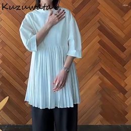 Women's Blouses Kuzuwata Pleated Design Sense Balloon Sleeve Mujer Blusa Fashion Slim All Match Shirts Japanese Style Summer White Blouse
