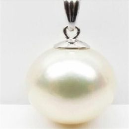 15-16MM NATURAL SOUTH SEA WHITE PERFECT ROUND Shell PEARL PENDANT 14k WHITE GOLD323A