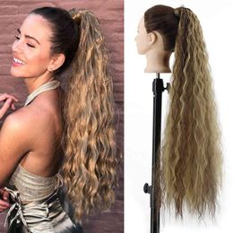 Synthetic Corn Wavy Long 34inch Ponytail piece Wrap on Clip Extensions Ombre Brown Pony Tail Blonde Fack Hair212c