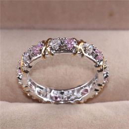 Lady's 925 Sterling Silver pink Tanzanite Couple rings Yellow Gold Cross Eternal Band Wedding Ring for Women Jewelry size 5-1267e