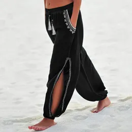 Women's Pants Ladies Beach Trousers Drawstring Side Slit Harem Wide Leg