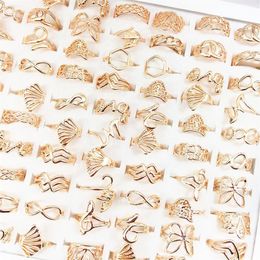 whole 100pcs Lot Gold Plated Women Fashion Rings Laser Cut Flowers Metal Alloy Ring Party Gifts Mix Styles Brand New201z