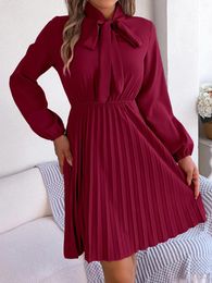 Casual Dresses Autumn And Winter Temperament Lace Up Waist Long Sleeve Pleated Dress Women's Fashion Royal Blue Elegant Bow Neck Slim Fit