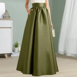 Skirts Women Autumn Faux Satin Maxi Skirt A-line Floor Length Solid Colour High Waist Pockets Elegant Vintage Long Robe