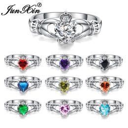 Wedding Rings JUNXIN Luxury Female Heart Ring Claddagh White Gold Filled Jewellery Fashion For Women Birth Stone Gifts246U