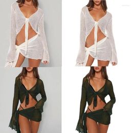 Women's Swimwear Womens 2 Piece Cover Up See Through Swimsuit Sheer Mesh Tie Knot Long Sleeve Crop Top And Mini Wrap Skirt Sarong Outfit