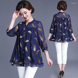 Women's Blouses Medium Length Chiffon Shirt 3/4 Sleeve Top Summer Loose Fit Round Collar Print Bottoming Blouse L-6XL