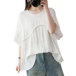Women's Blouses 2023 Summer Fashion Round Neck Panel Pleated Ruffle Sleeve Casual Loose Fat MM And Pregnant Women Oversized Simple Shirt