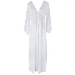 Women's Swimwear Women White Long Lace Bikini Beach Cover Up Cotton Robe Tunic Bathing Dress D5QD