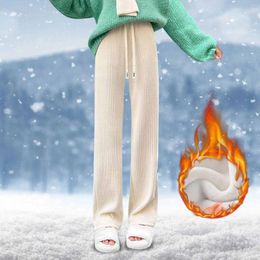 Women's Pants Solid Colour High Waist Plush Trousers Thin Leggings Pocket Winter Keep Warm Loose Corduroy Drawstrings