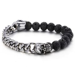 Black Volcanic Lava Stone Beads With Gold Color Stainless Steel Skull Bracelets Bangles Curb Cuban Link Chain Bracelet Punk Man Wr302k