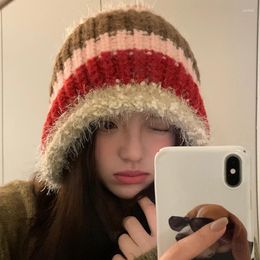 Berets Korean Plush Knitted Pullover Hat Women's Winter Versatile Splicing Striped Warm Lace-up Flight Ear Protection Bomber Hats