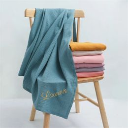 Personalised Name Embroidered Custom Baby Cotton Muslin Swaddle born Receiving Blanket Solid Wrap Soft 231222