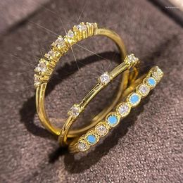 Wedding Rings 3pcs Gorgeous For Women Gold Color Round Metal Inlaid White Blue Zicron Stones Ring Set Jewelry