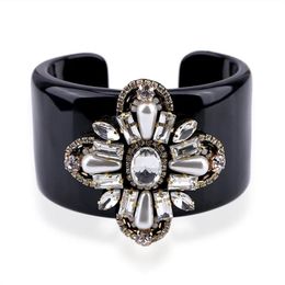 Bangle HAHA&TOTO Trendy Black Resin Inlaid Handmade Crystal Beaded Flower Statement Women Jewelry 3297191U