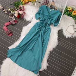 Casual Dresses French Chic V-neck Dress For Women Short Sleeve Irregular Drawstring Fold Waist Summer Fishtail Retro Vestidos Dropship