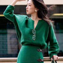 Women's Blouses 2023 Autumn Green Pocket Women Shirt Top / High Waist Skirt