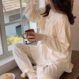 Women's Sleepwear Korean Style Cotton Pajama Sets Square Collar Long Sleeve Trousers Women Solid Color Kawaii Trendy Womens 2pcs Pyjama