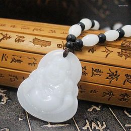 Pendant Necklaces Fashion Exquisite Maitreya Guanyin Buddha Necklace White Jade Beaded Religious Lucky Amulet Fortune Jewellery