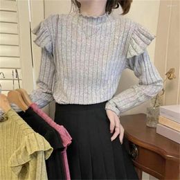 Women's Blouses Comfortable Breathable Top Elegant Half-high Collar Knitted Sweater For Women Slim Fit Pullover With Ruffle Detail Thick