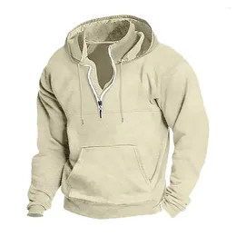 Men's Hoodies Men Hoodie Zipper Decor Drawstring Solid Colour Retro Soft Warm Long Sleeve Hooded Big Patch Pocket Patchwork Pullover Top