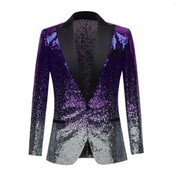 Men's Suits Shiny Purple Sequin Glitter Embellished Tuxedo Suit Jacket Men One Button Shawl Collar Night Club Stage Wedding Costume